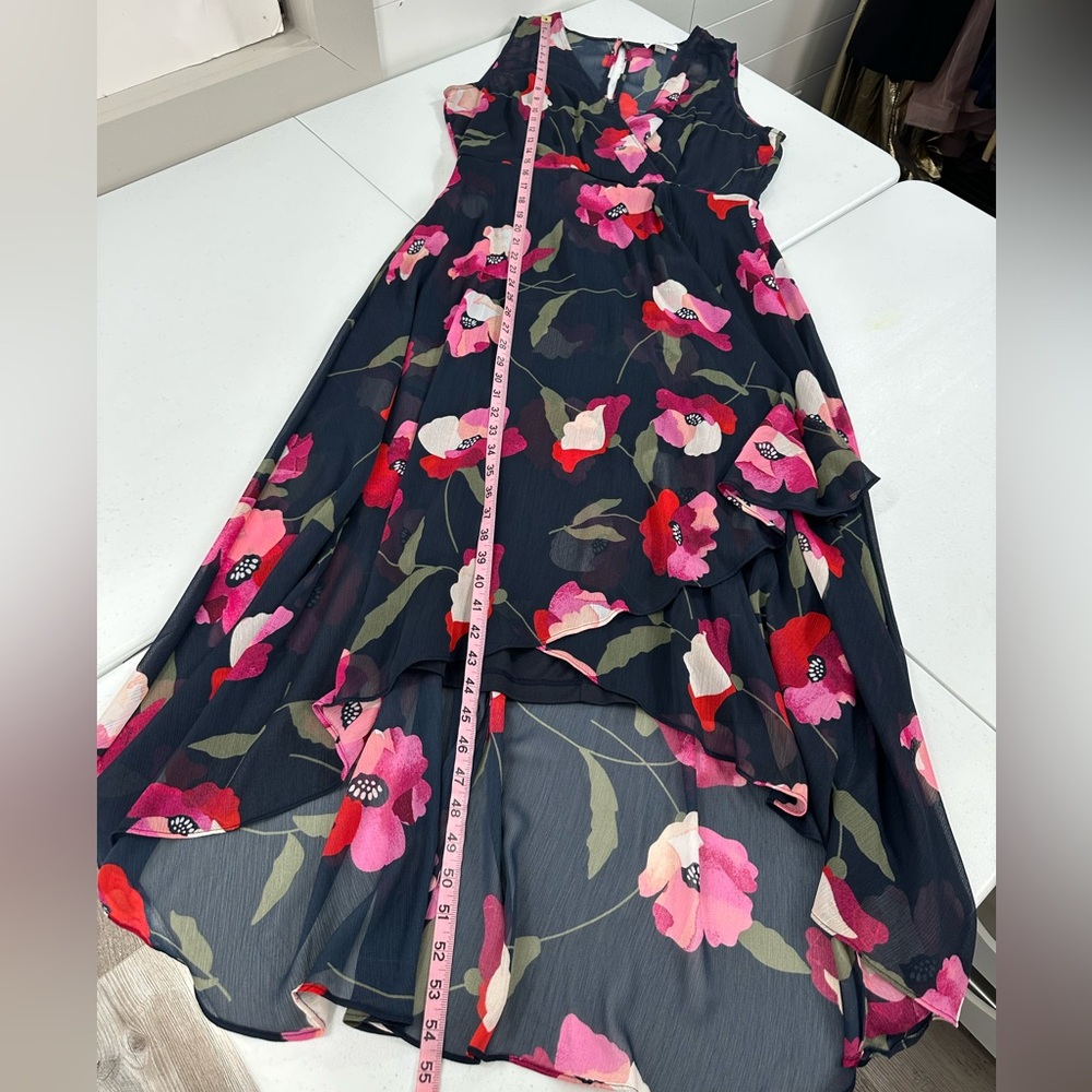 Calvin Klein Floral Sleeveless Chiffon High-Low Dress Navy Pink Red Elegant 12 - Picture 7 of 12